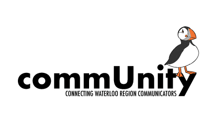 commUnity wordmark with a lone puffin in 3/4 view facing right standing on the Y so the i in Unity looks like a person talking with the tail being the end of the chat bubble. 