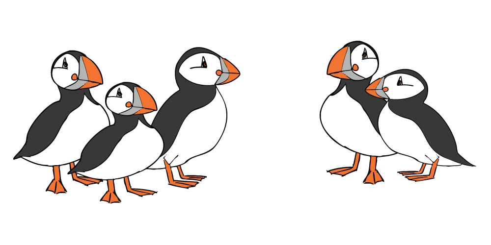 Two groups of puffins look at each other while standing. 